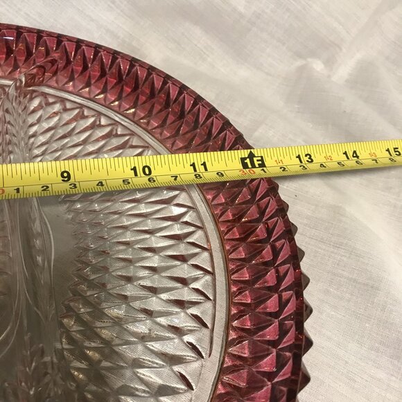 Vintage Indiana Glass Diamond Cut Glass Relish Tray With Ruby Rim 3 Sections 12" - Picture 6 of 9